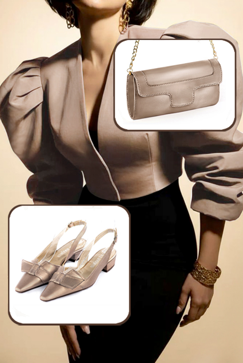 Women's tan beige elegant slingback heels, with a bow on the front. Tapered toe. Low block heels - Top view